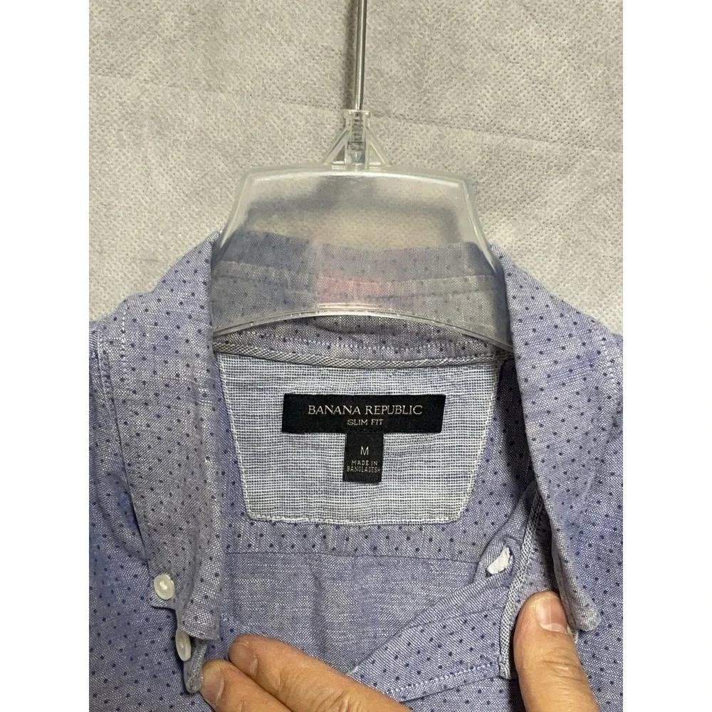 Banana Republic Shirt Men M Blue Dots Geometric Linen Cotton Button Up Slim AOP‎